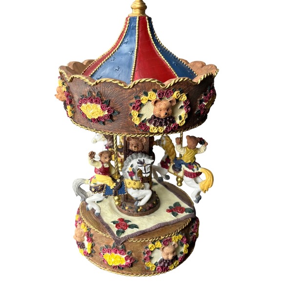 Unbranded Other - Musical Carousel Teddy Bear Horse Figurine Red Blue Floral Nursery Decor 10in